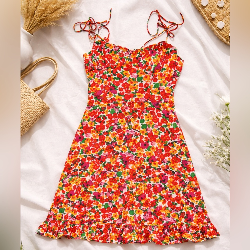 New! Shein XS Frill Trim Fold Pleated Floral Print Shirred Cami Dress